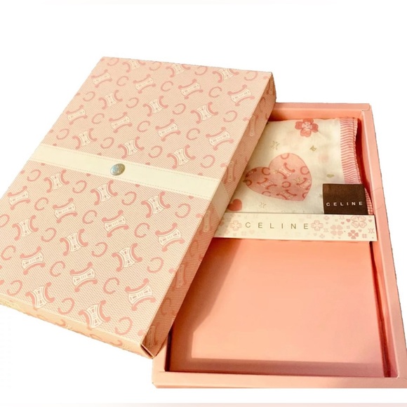 CELINE Cotton Scarf TRIOMPHE Logo White w/Pink Hearts 19" x 19" Kerchief w/Box - Picture 2 of 10